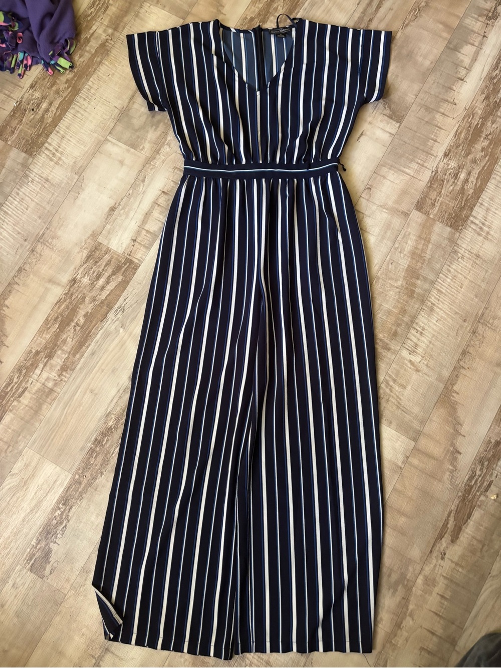 Jessica Howard Navy and White Vertical-Strip Jumpsuit